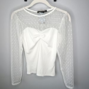 BOOHOO Dobby Mesh Sleeve Ruche Detail Top IVORY Sheer Polka Dots